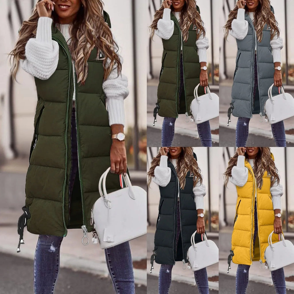 Women'S Autumn And Winter Temperament Sleeveless Cardigan Mid-Length Cotton Vest Vest Coat Abrigos Mujer Invierno Chamarras Muje