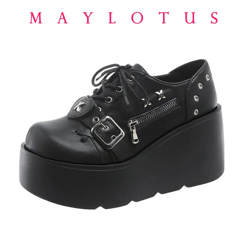 Punk Style Shoes Woman Platform Heel Metal Rivet Dark Bat Fashion Trendy Women Wedge Bottom Burgundy School Student Shoes