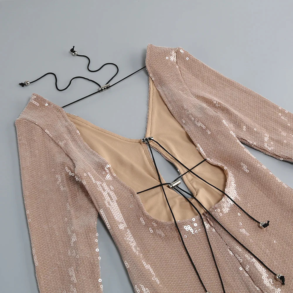 Luxury celebrity vacation photography nightclub evening gown sexy solid color sequin banquet long sleeved dress