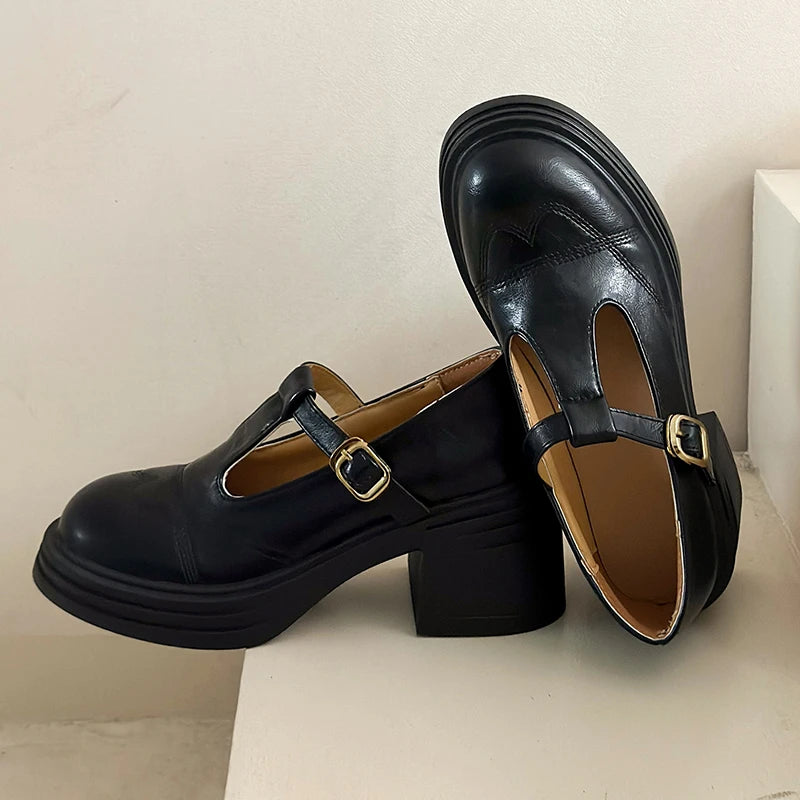 High-heeled Shoes Women Pumps Buckle Thick Heels with T-strap Ladies Chunky Heels Platform Mary Janes Woman Footwear Sandals