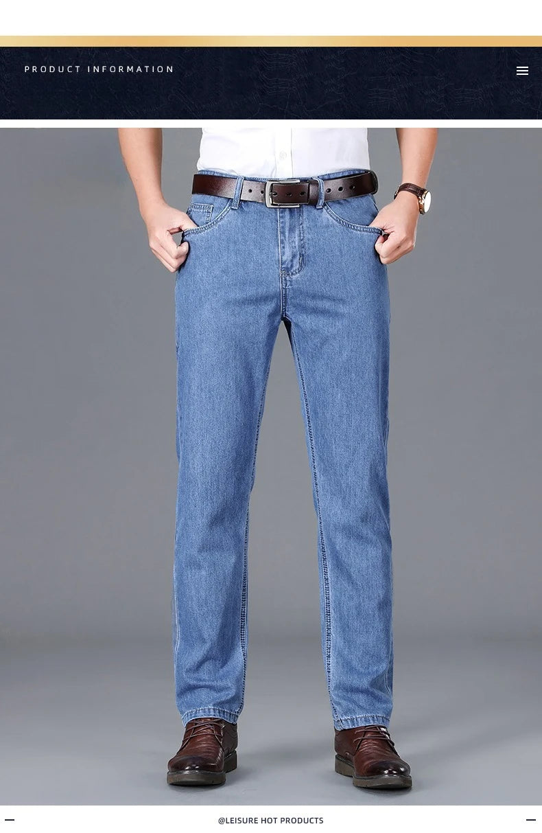 100% Cotton Men's Brand Thin Business Jeans Straight Slim Classic Male Trousers Fashion Casual Breathable Summer Denim Pants