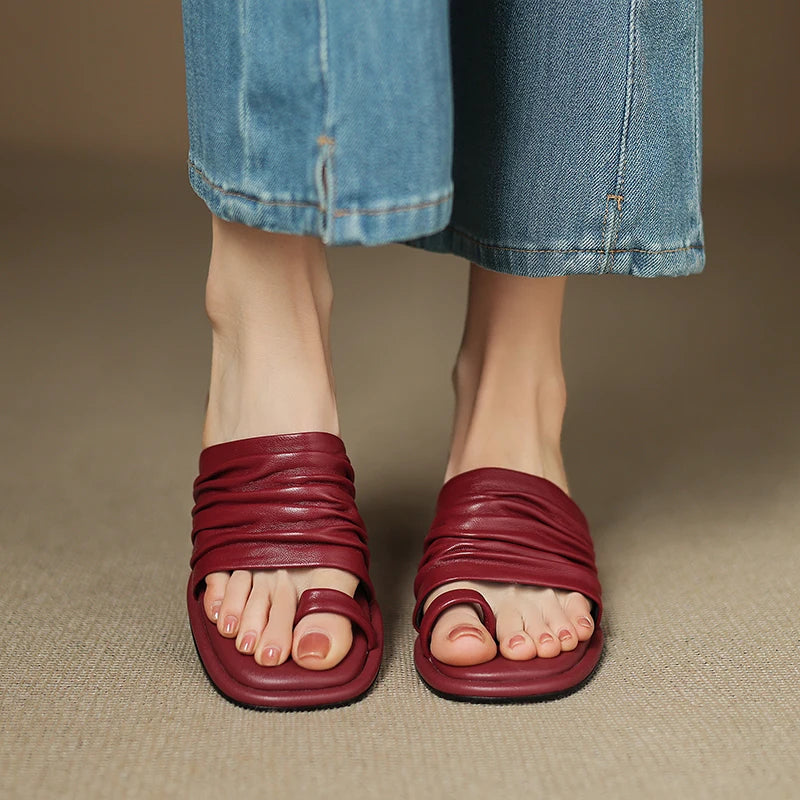 2025 NEW Summer Women Mules Genuine Leather Shoes for Women Open Toe Med Heel Shoes Slippers Pleated Modern Sandals