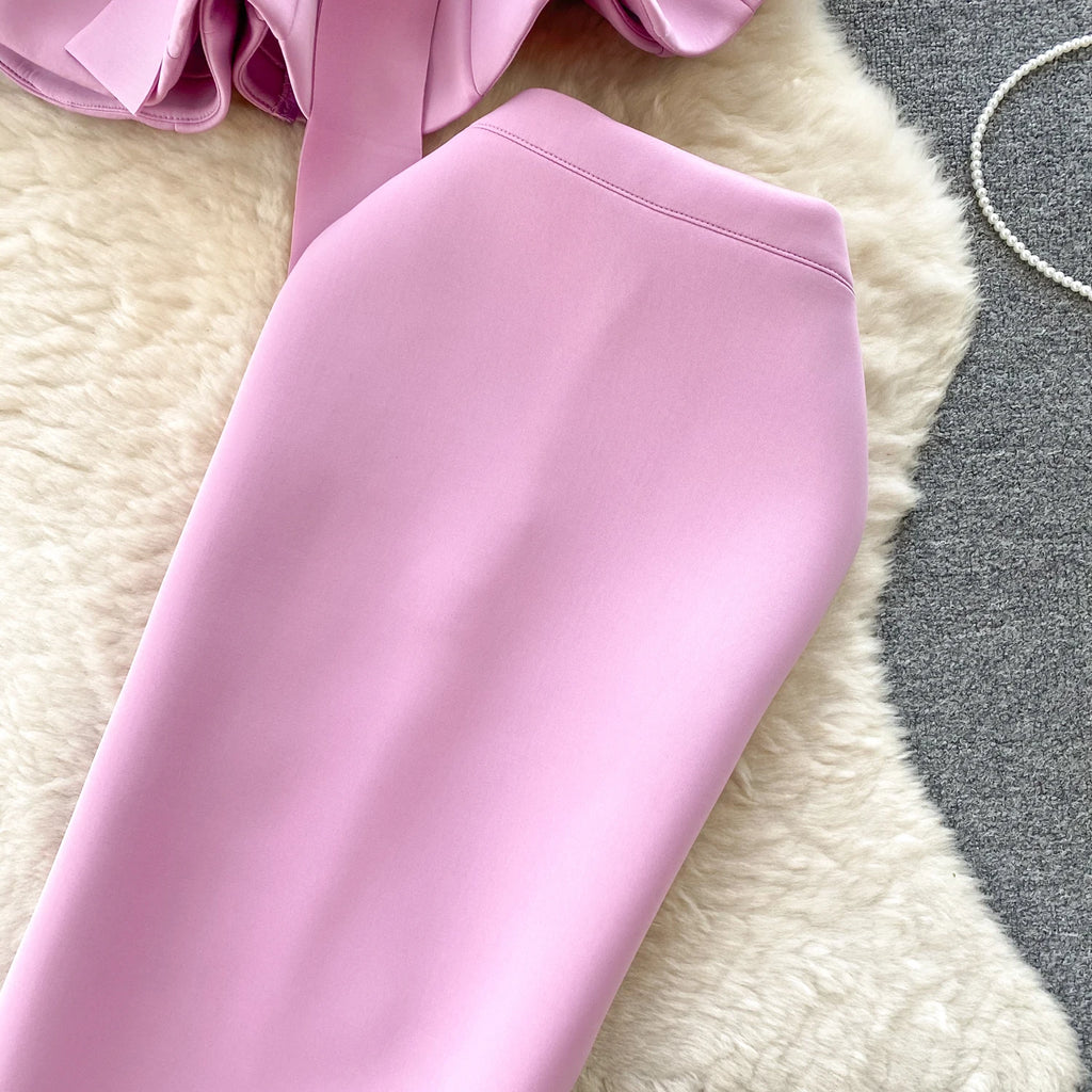 Sexy One-oulder Banded Waist Gown Set with Pleated Skirt Two-Piece Ensemble Courtly Sle Versatile Top f-length A-Line ...