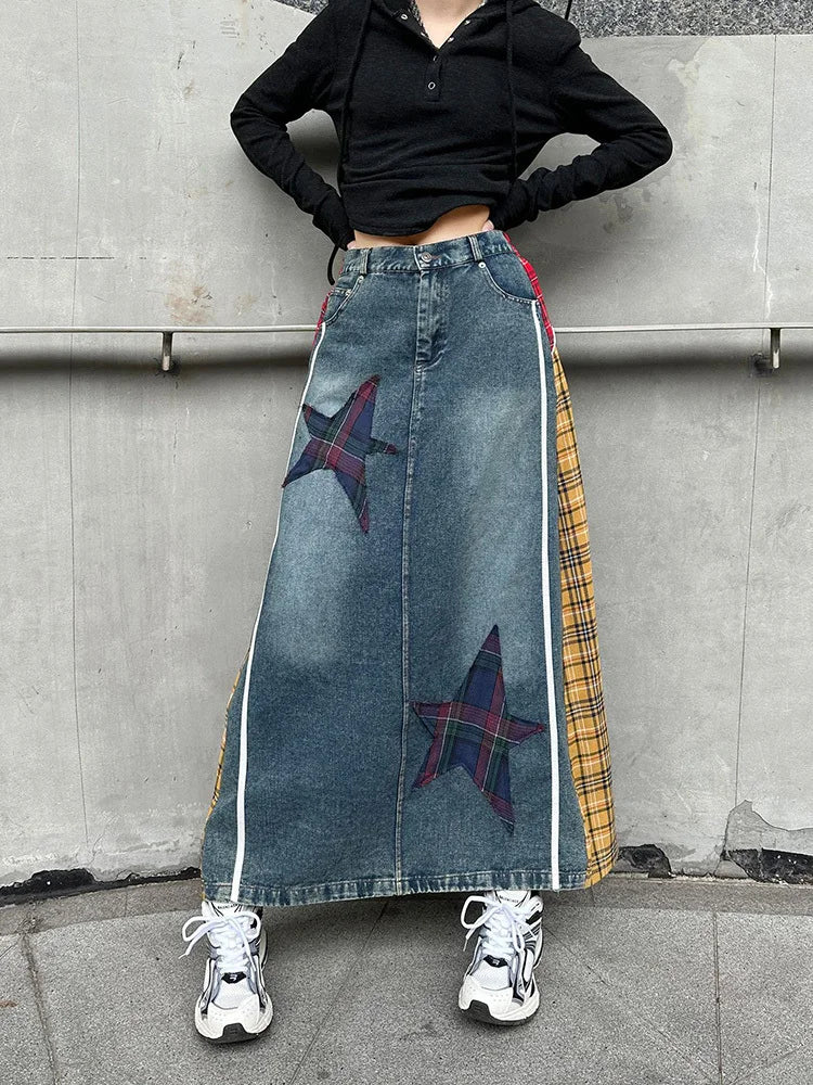 [EAM] High Elastic Waist Blue Back Plaid Denim Long A-line Half-body Skirt Women Fashion Tide New Spring Autumn 2025 1DH8117