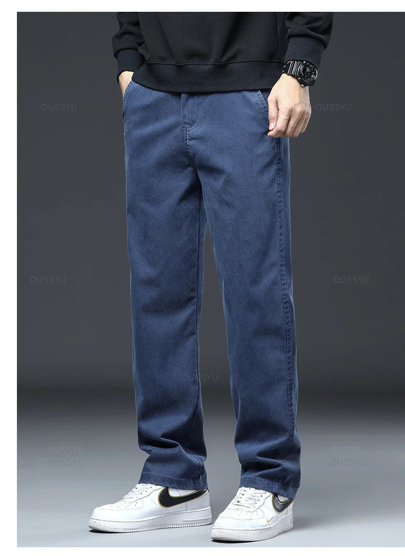 Spring Autumn New Upgraded Lyocell Fabric Jeans Men Loose Straight Elastic Waist Casual Denim Pants Trousers Male Large Size 5XL