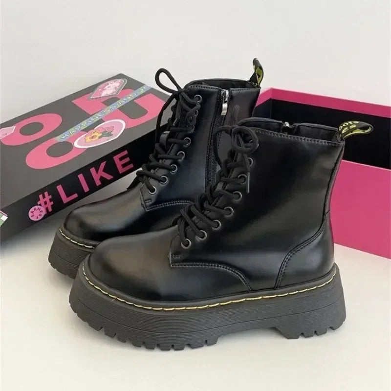 Women Ankle Boots Casual Shoes Female Leather Chelsea Boot Ladies Classic Punk Woman Goth Shoes High Platform Boots Women Black