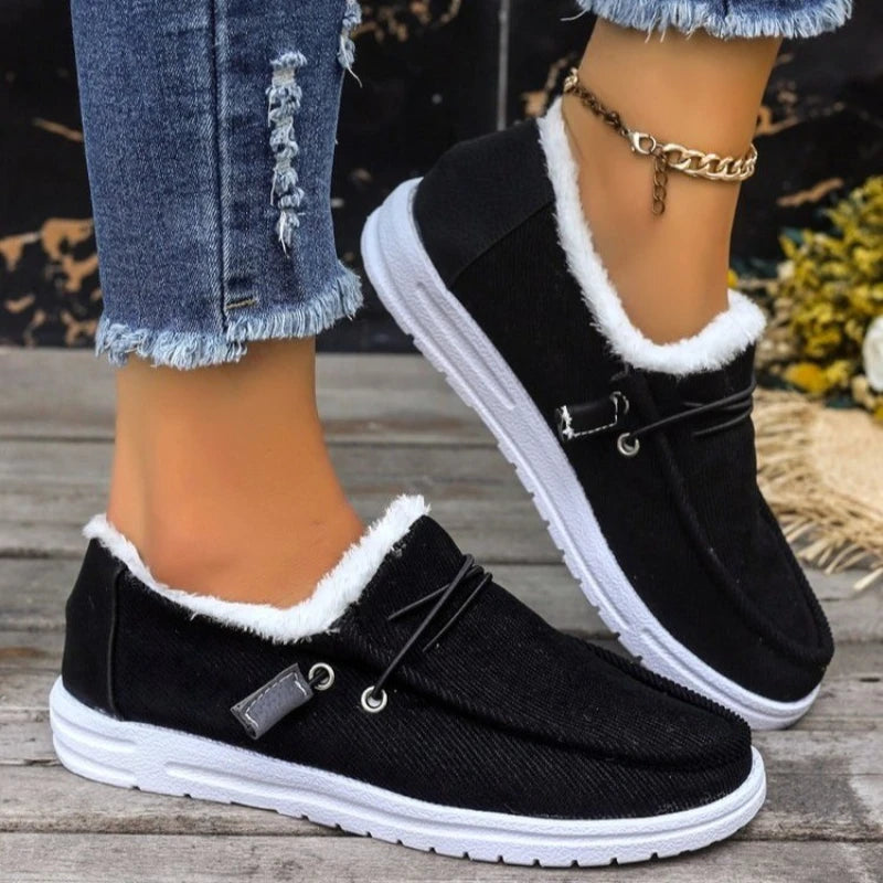 Winter plush lined flat shoes, Women's low top slip on shoes, women's footwear