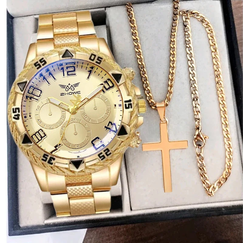 2 Pçs/set Moda Negócios Masculino Relógio Analógico de Quartzo com Colar Cruz (Sem Caixa)