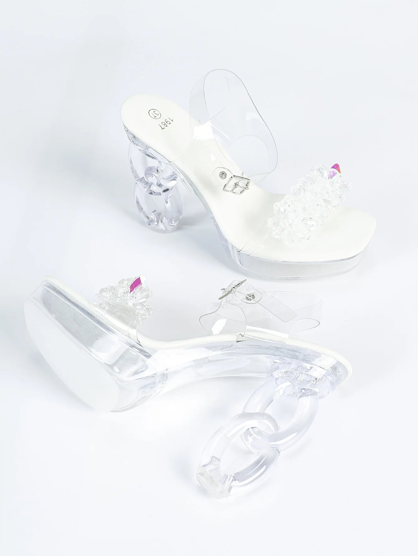 All Transparent PVC Shoes For Women Strange Style 12CM Summer Square Toe Platform High Heels White Crystal Evening Party Sandals