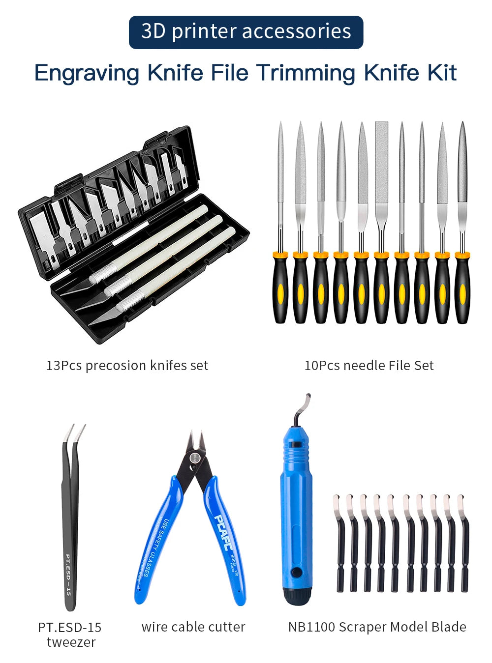3D Printer Tool Kit Nozzle Cleaning Pliers Tweezers File Deburring Trimming and Grinding Tool Set 3D Printing Accessories