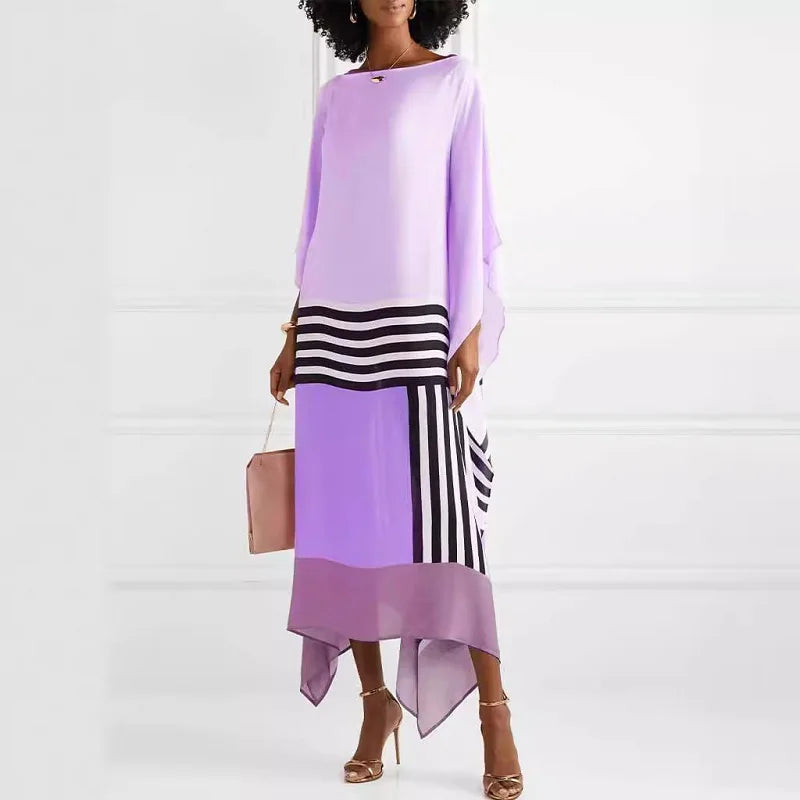 Candy Stripe Print Patchwork Kaftan Dresses Women’s Spring Round Neck Irregular Long Dress Summer Batwing Sleeve Boho Maxi Dress