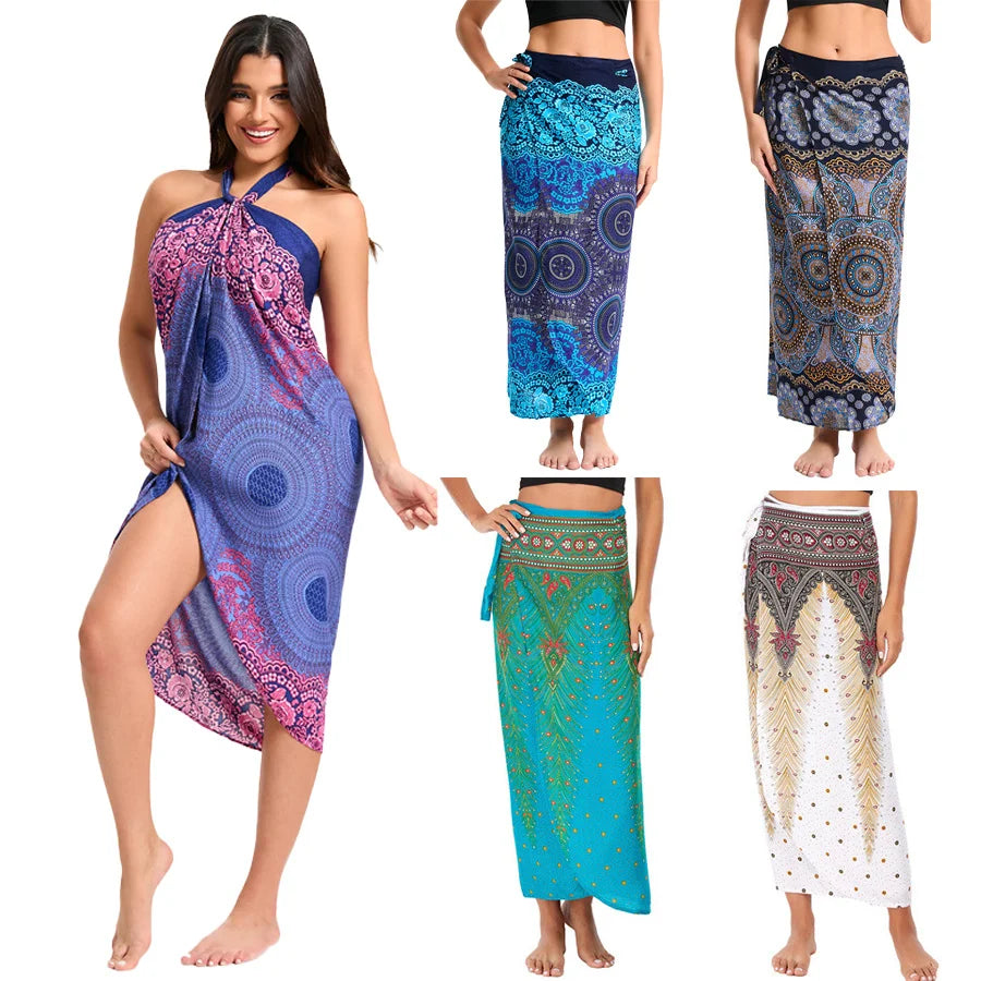 Women’s Boho Maxi Wrap Long Skirt Tie Up Beach Cover Up Dress Vintage Bohemian Adjustable High Waisted Holiday Rayon Dress