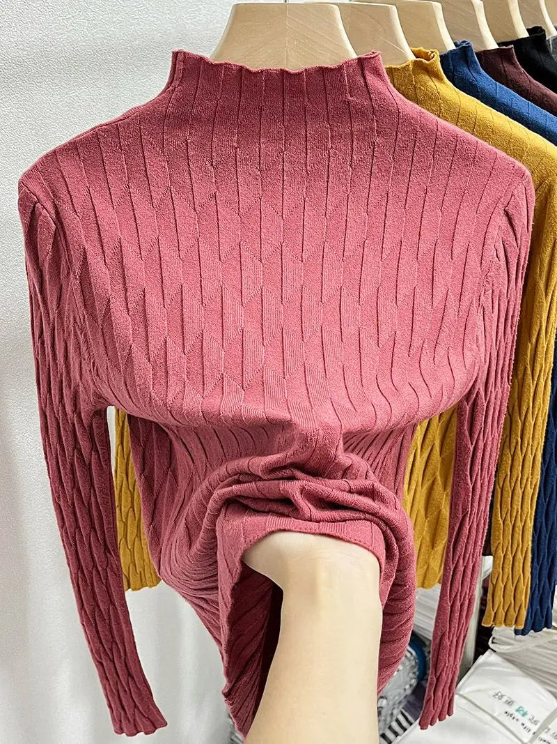 2025 Slim Fit Knitted Base Pullovers Autumn Winter Turtleneck Sweater Women's Solid Long Sleeve Casual Ruched Sweater
