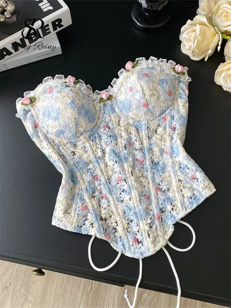 SINGREINY INS Strapless 3D Floral Camisole 2025 Summer Corset Slim Backless Tank Top Sheer Lace Up Holiday Sexy Embroidery Top