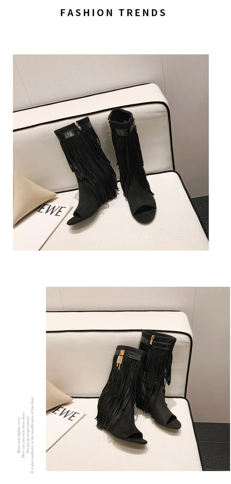 Designer Fringe Wedges Boot Sandals Woman High Heels Open Toe Party Prom Shoes 2025 Sexy Zipper Female Pumps Women Boots