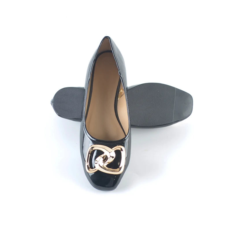 2024 Laidies Geometric Decoration  Comfortable Square Toe Flat  Casual  Spring Autumn Black  Patent faux leather Flat Ballerinas