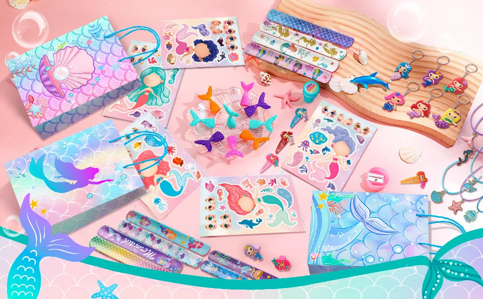 84pcs Mermaid Party Favors for Boys and Girls with Mermaid Birthday Rings Keychain Slap Bracelets Bags Hair Clips Necklace etc