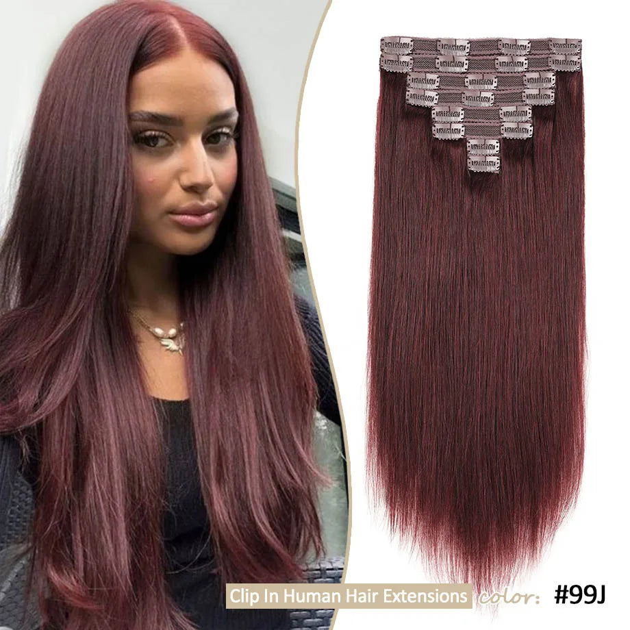Burgundy Clip In Hair Extensions Real Human Hair 70g 7pcs Wine Red Human Hair Lace Doublet Weft Remy Hair Cosplay Extensions