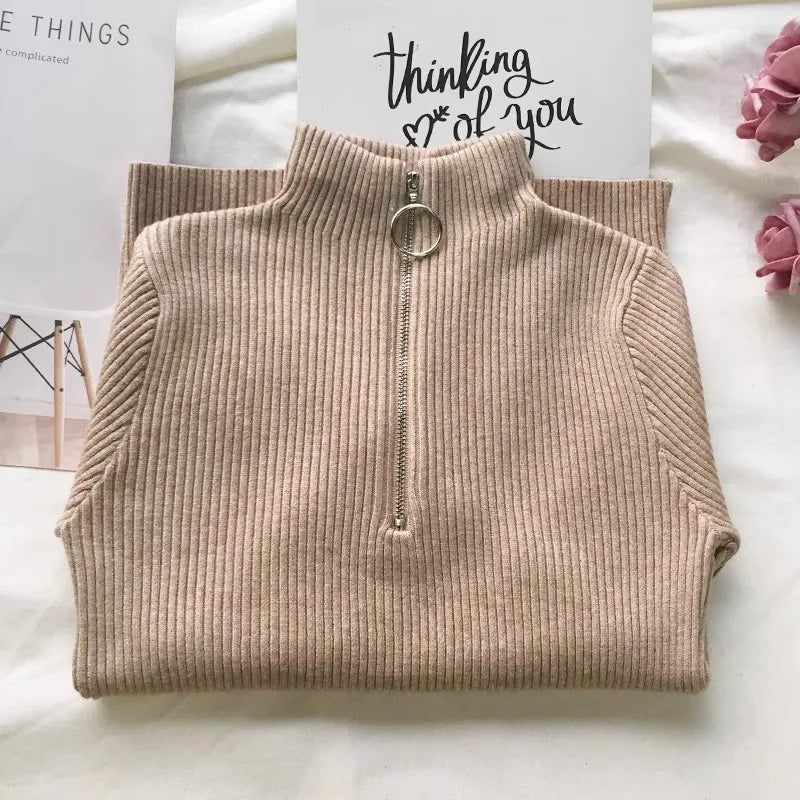 Autumn Winter Turtleneck Women Sweater Long Sleeve Zipper Neckline Knitted Pullover Female Sweater Slim Basic Knitted Jumpers