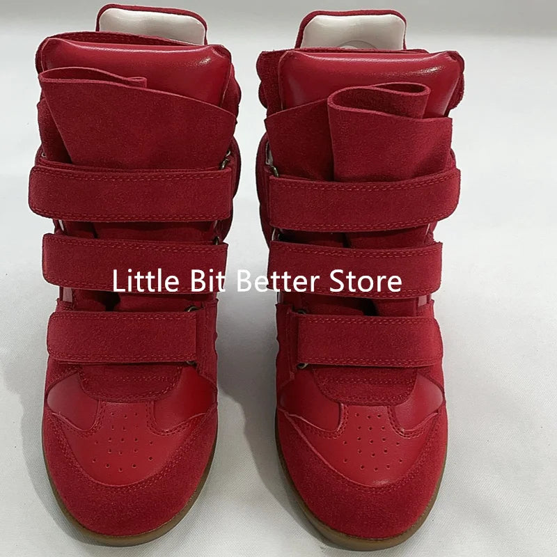 A Genuine Leather Casual Shoes Women's 2026 Summer Breathable Hollow Hidden Wedges Sneakers Hook Loop Trainers High Top