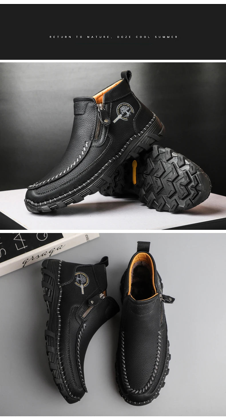 Men Boots Autumn Winter New Handmade High-top Casual Shoes Outdoor Non-slip Hiking Men Shoes Zipper Ankle Boots Plus Size 38-48