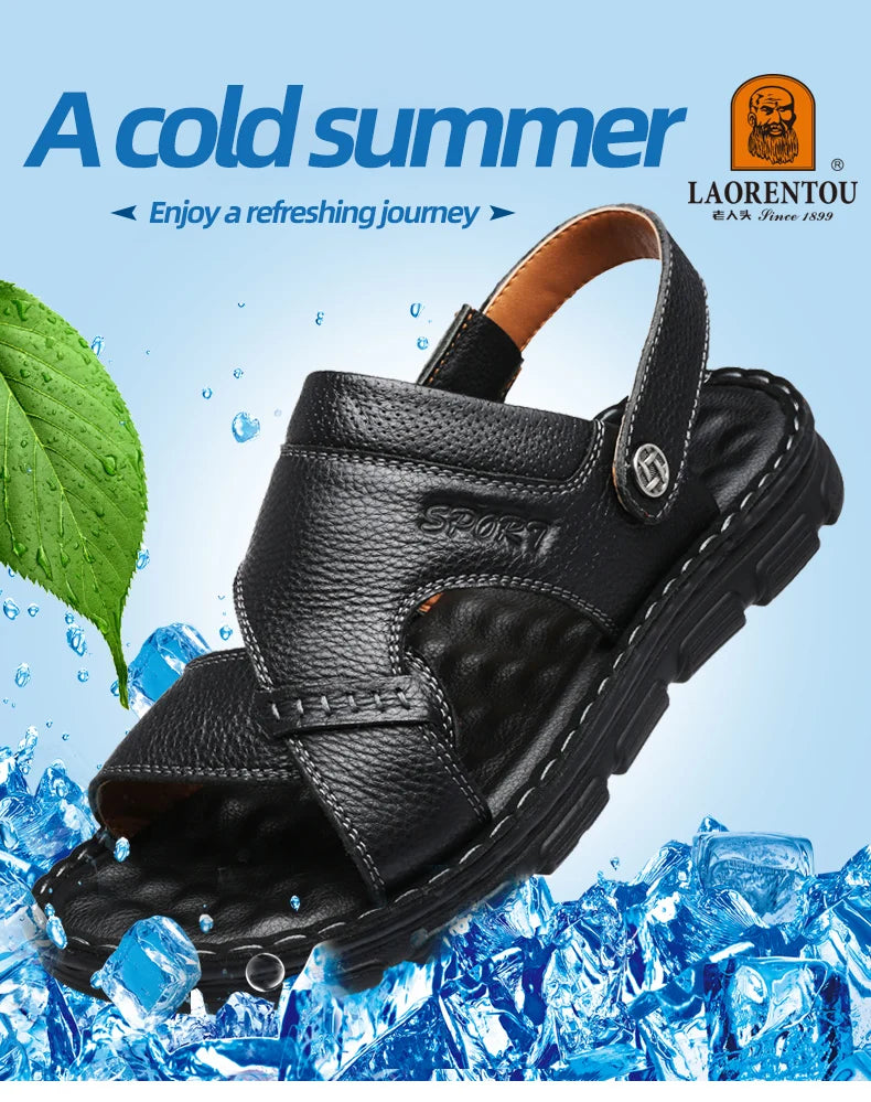 LAORENTOU cowhide breathable outdoor leisure beach shoes, anti slip thick sole leather sandals for external wear