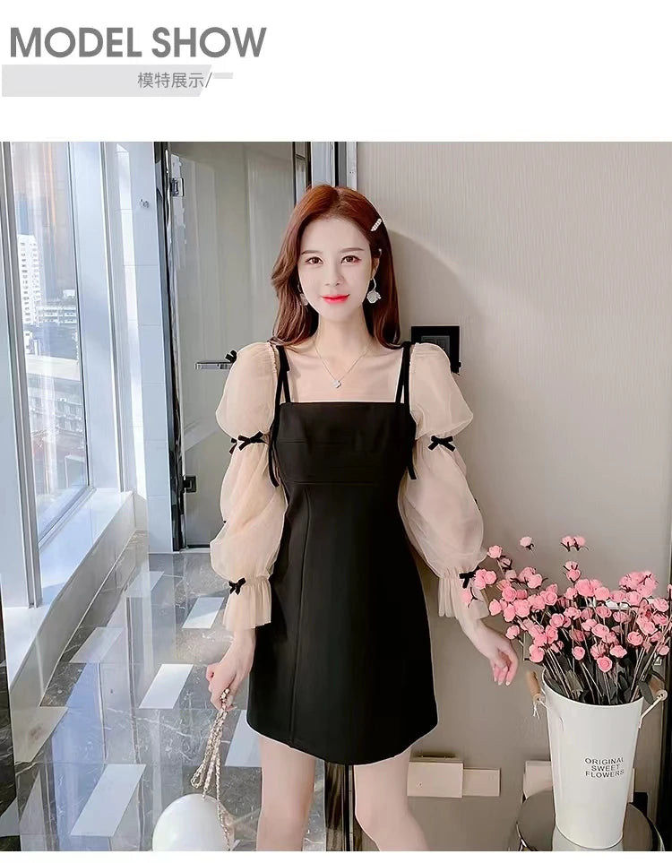Flare Sleeve Evening Dress for Women Black Elegant Bow Mesh Patchwork Luxury Temperament Famous Lady Aesthetic Платье Женское