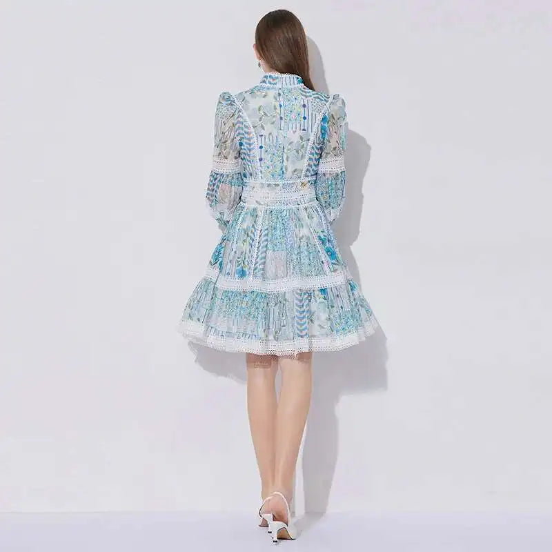 Elegant Long Sleeve Floral Short Dresses Shirt For Women Summer Autumn Holiday Hollow Out Printed Party Dress