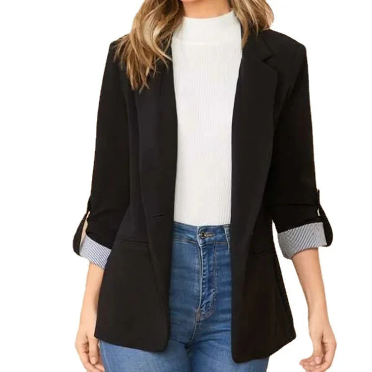 Women Autumn Winter Fashion Splicing Lapel Slim Cardigan Blazer Jacket Long Sleeve Casual