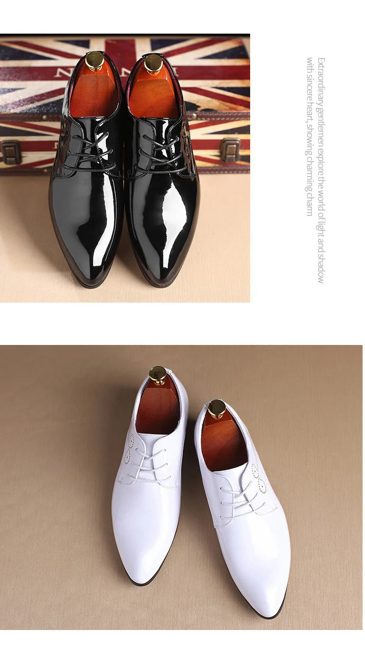Men's Classic Retro Brogue Shoes Patent Leather Mens Lace-Up Dress Business Office Shoes Men Party Wedding Oxfords Sizes 38-48