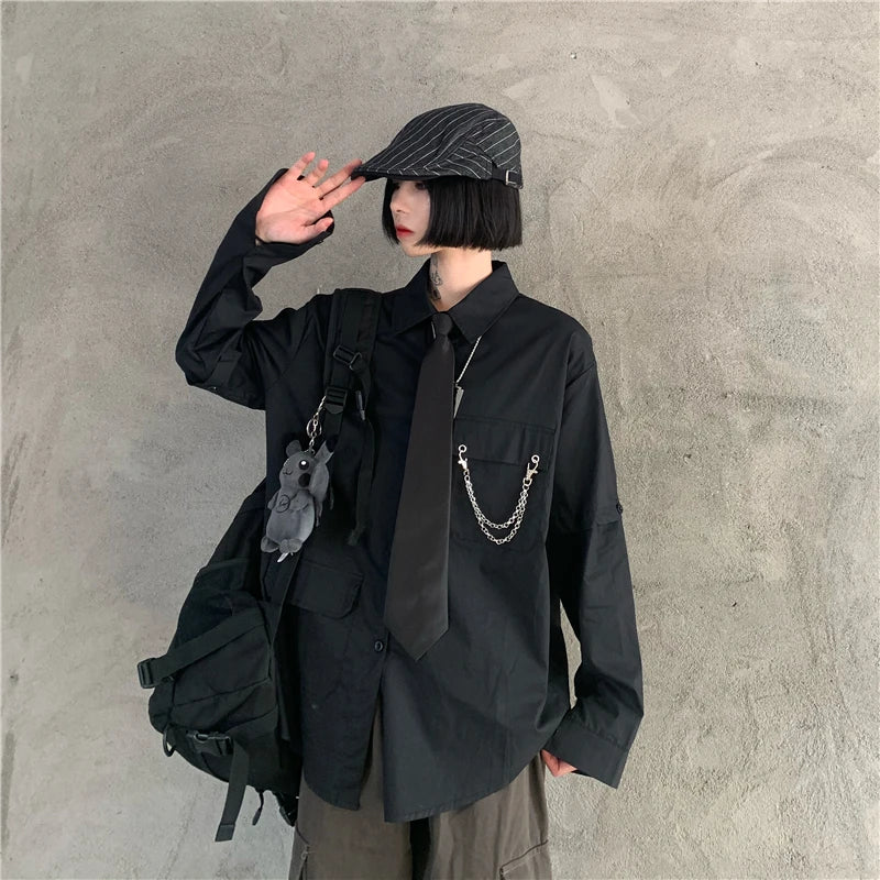 Women's Two-Way Wear Long Sve irt Loose Fit Street Sle Korean Version Retro BF Top  Collar Button up Polyester