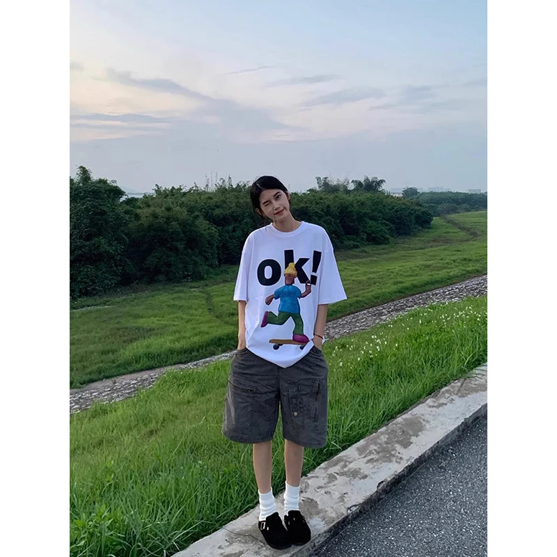 ZHIZOU Women Cargo Short Jeans American Vintage Y2K Straight Streetwear Wide Leg Pants High Waist Summer Knee Length Denim Short