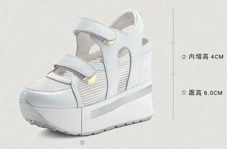 10cm Air Mesh Genuine Leather Platform 2025 Wedge Flats Sneakers Hook Summer Women Comfy Fashion Chunky Sneaker Sandals Shoes