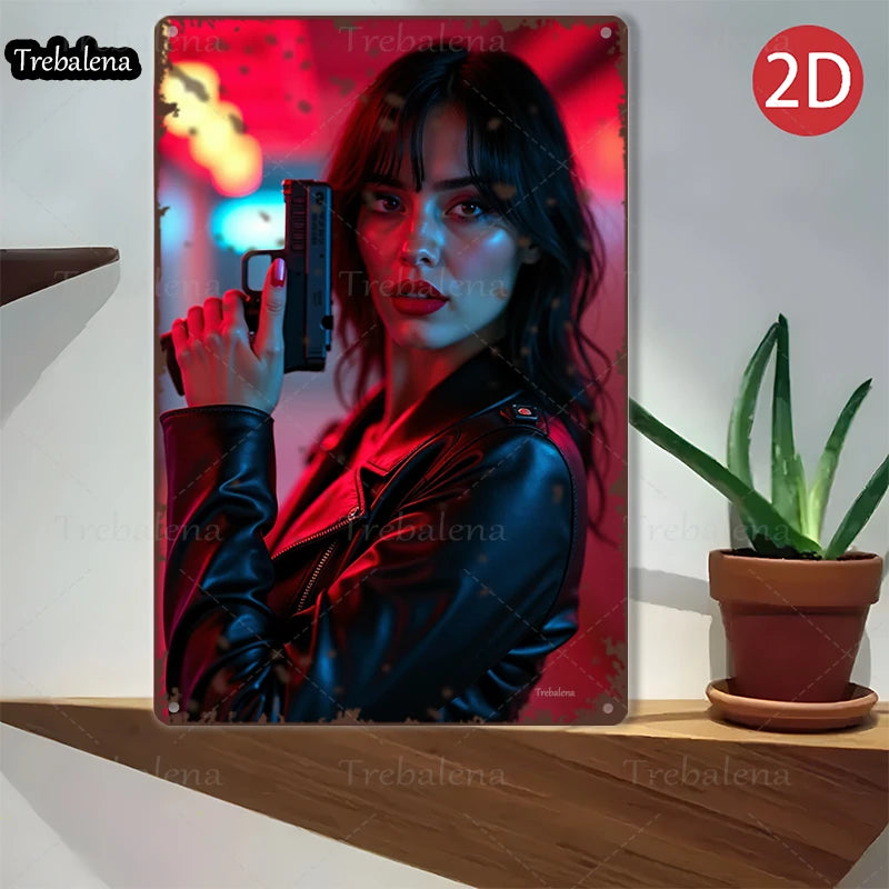 1PC 2D Flat 8*12inch Metal Sign Cyberpunk Woman with Gun Neon Style Artwork