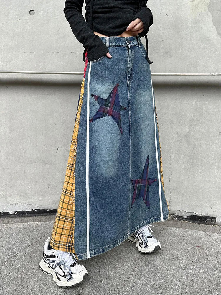 [EAM] High Elastic Waist Blue Back Plaid Denim Long A-line Half-body Skirt Women Fashion Tide New Spring Autumn 2025 1DH8117