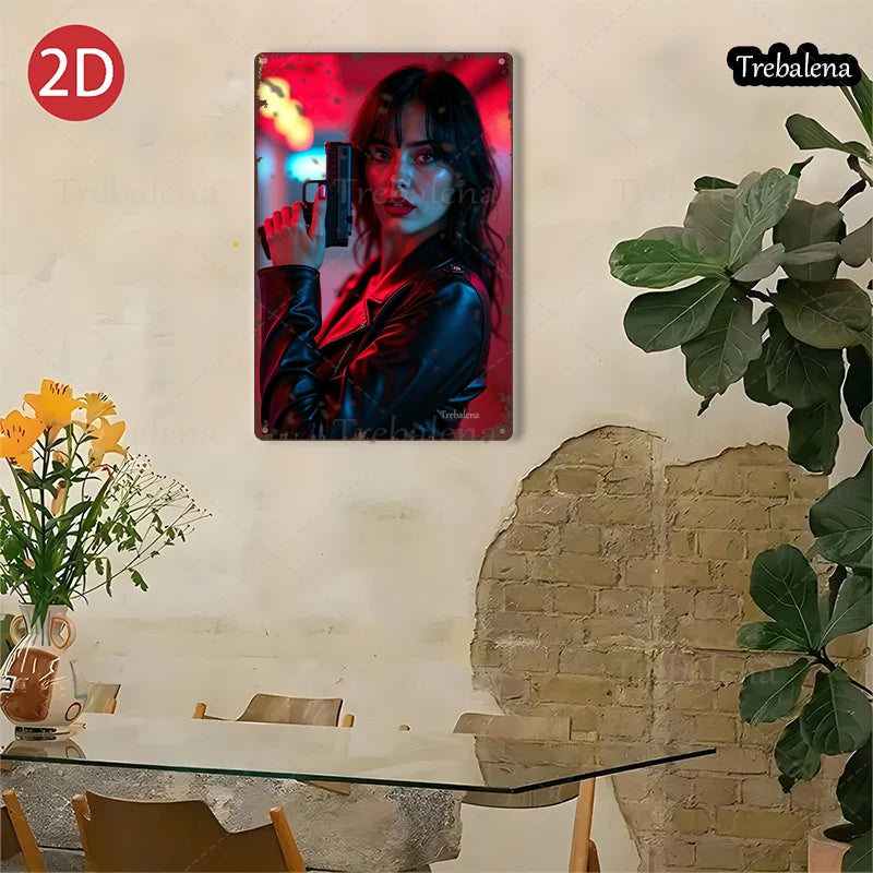 1PC 2D Flat 8*12inch Metal Sign Cyberpunk Woman with Gun Neon Style Artwork