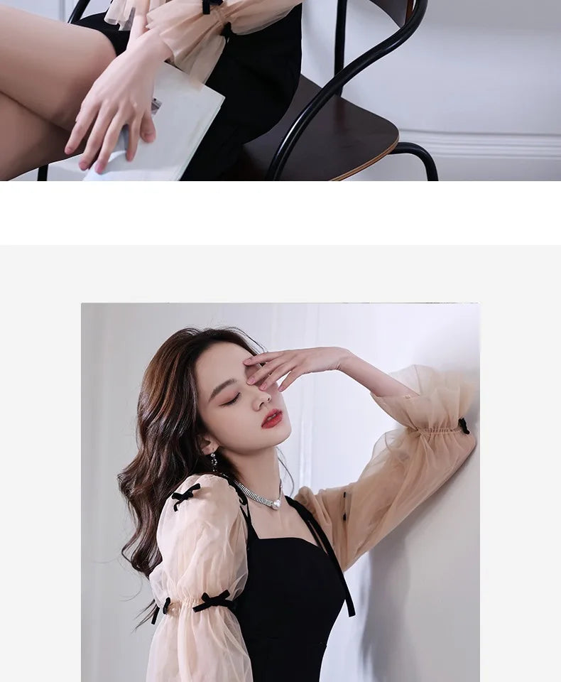 Flare Sleeve Evening Dress for Women Black Elegant Bow Mesh Patchwork Luxury Temperament Famous Lady Aesthetic Платье Женское