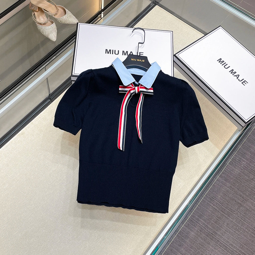 High-End European Sle Women's Knitted ort Top  Collar Belted College Faion Upperwear Comfortable Regular Fit Summer...