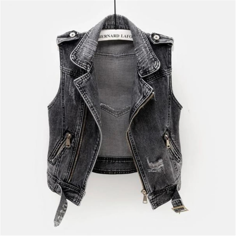 Denim Vest Women Spring Autumn Sleeveless Tops Short Jacket Splicing Outerwear Teens Gray Coat Ripped Loose Casual Waistcoats