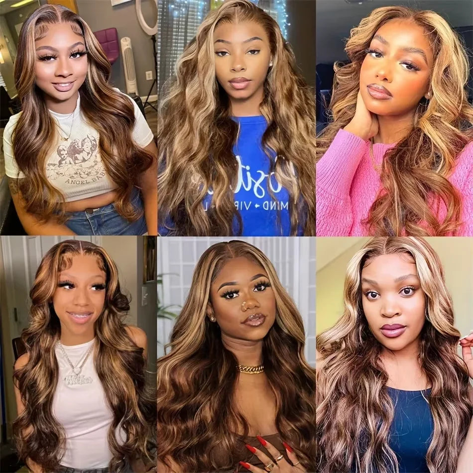 13x6 Closure Wig Highlight Ombre Body Wave HD lace front human hair wig for Women P4/27 Blonde Wig Pre Plucked With Baby Hair