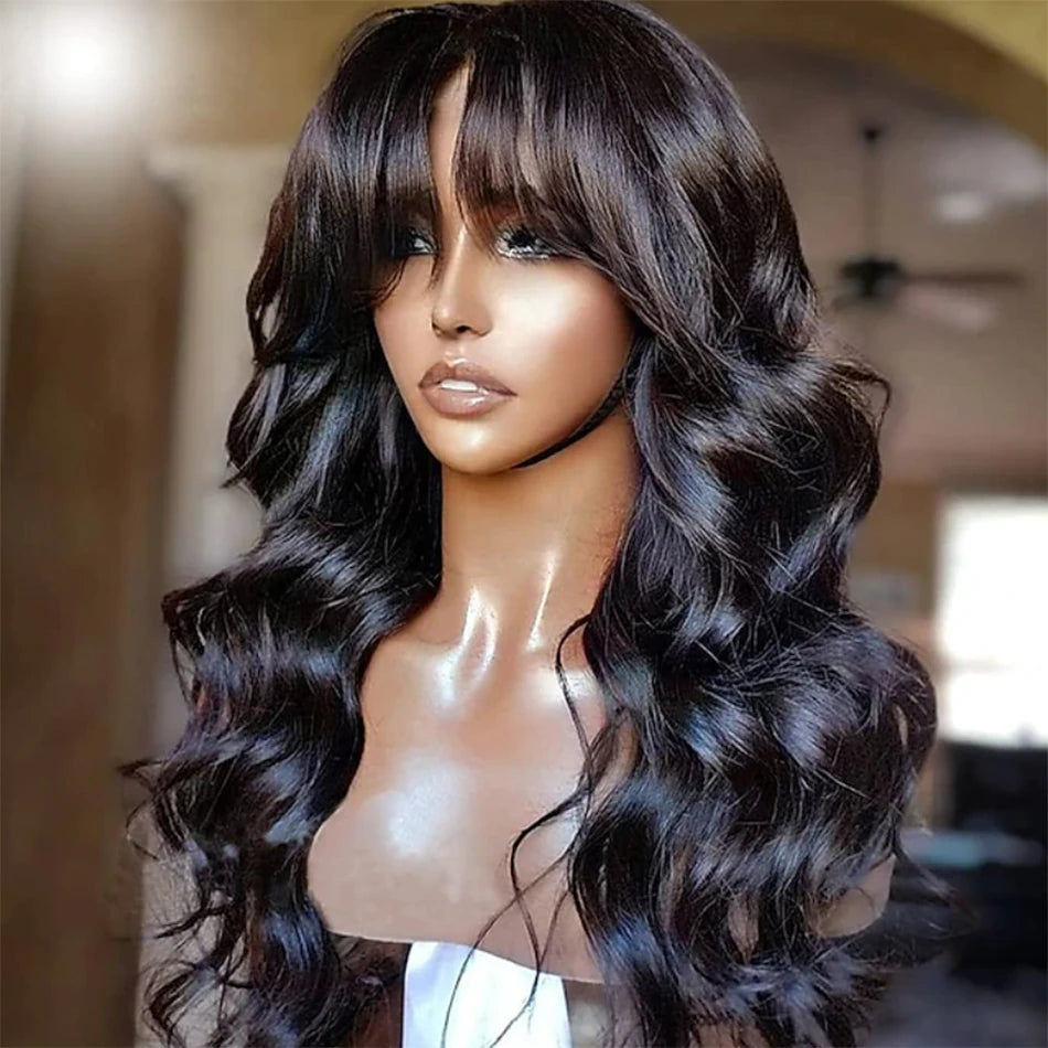 Body Wave Human Hair Wigs With Bangs Peruvian Cheap Glueless Wigs On Sale Clearance Full Machine Made Wig With Bangs For Woman