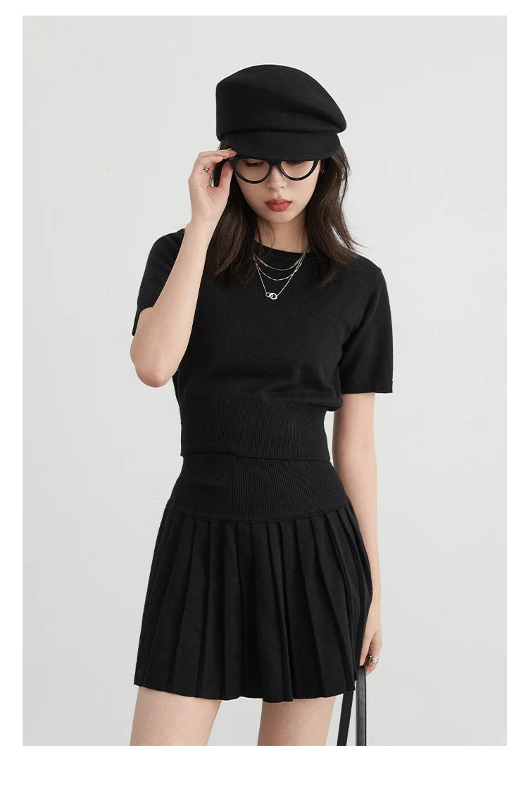 CHIC VEN Women Skirt Sets Solid Knitted Cardigan Short Sleeved Top Female Pleated Skirt Three Piece Optional Spring Autumn 2024