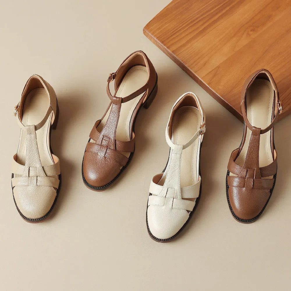 Women's genuine leather narrow band braided t-strap flats sandals round toe casual female summer roman style shoes for women hot