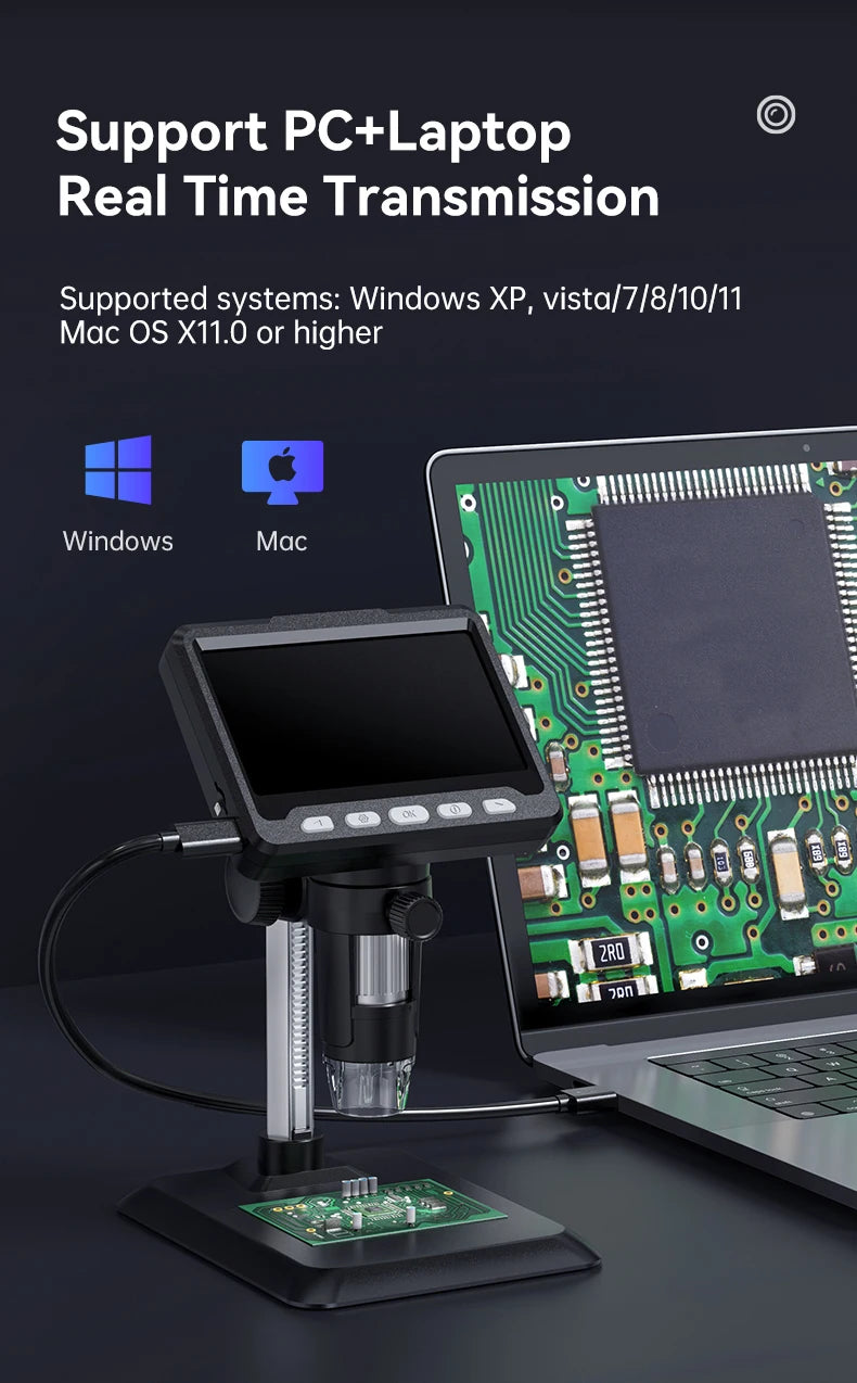 4.3 Inch IPS Digital Microscope 2MP HD Lens 1000X Magnification 8LED Adjust Light Electronic Microscopio Repair Coin Magnifier