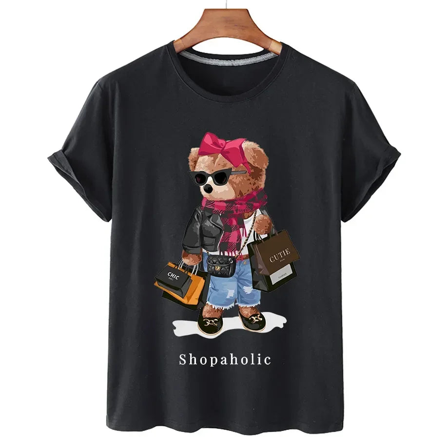Shopaholic Bear Funny Cute Top Camisetas Black Ladies T-Shirts Aesthetics Graphic White Short Sleeve Polyester Women's T-shirt