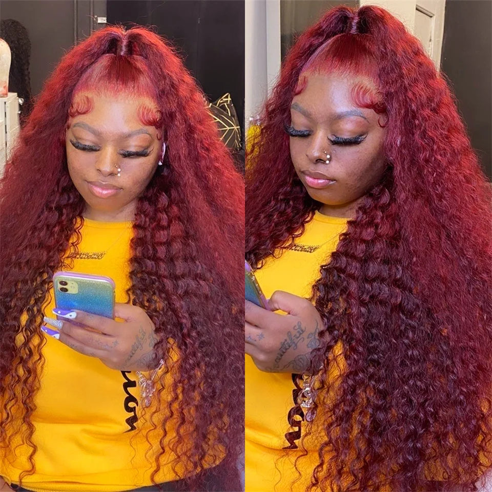40Inch 99J Burgundy Water Curly 13x4 Glueless Lace Frontal Wig 250% Deep Wave HD Transparent Lace Front Wig Human Hair For Women