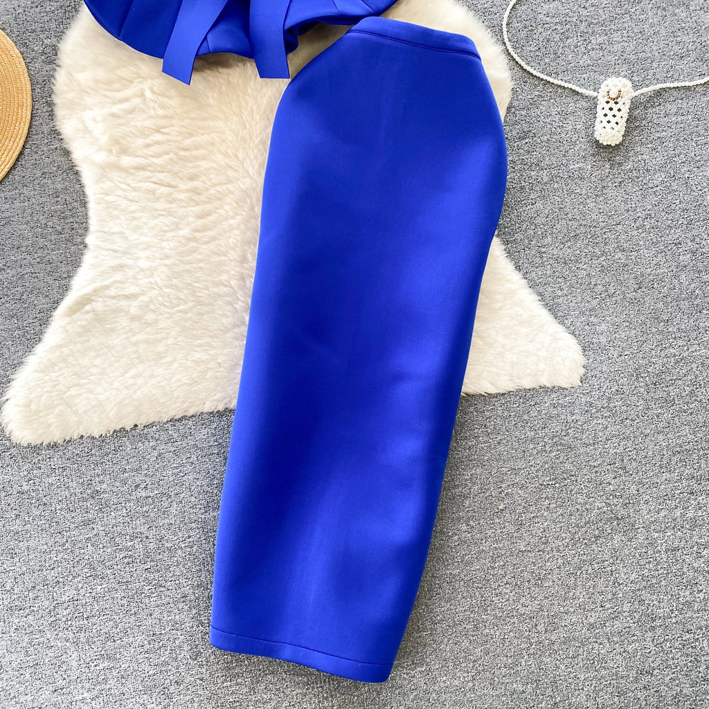 Sexy One-oulder Banded Waist Gown Set with Pleated Skirt Two-Piece Ensemble Courtly Sle Versatile Top f-length A-Line ...