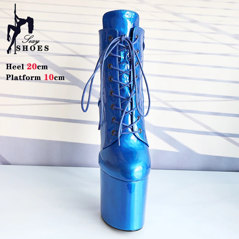 Pole Dance Stripper Women Ankle Boots  Short Tube Sexy 20cm/8Inch Super High Heels Nightclub Exotic Platform Strappy Ladies Shoe
