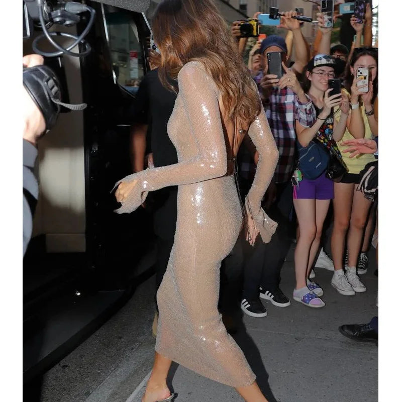 Luxury celebrity vacation photography nightclub evening gown sexy solid color sequin banquet long sleeved dress