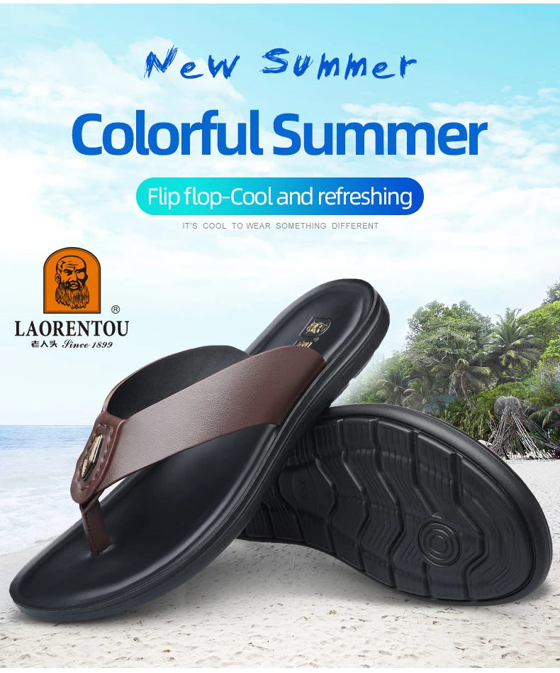 LAORENTOU slippers, men's genuine leather, Korean version, clip on flip flops, men's sandals, cowhide soft sole, anti slip